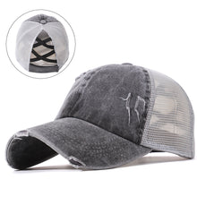 Load image into Gallery viewer, Unstructured Distressed Ponytail Criss Cross Back Baseball Trucker Hat Cap

