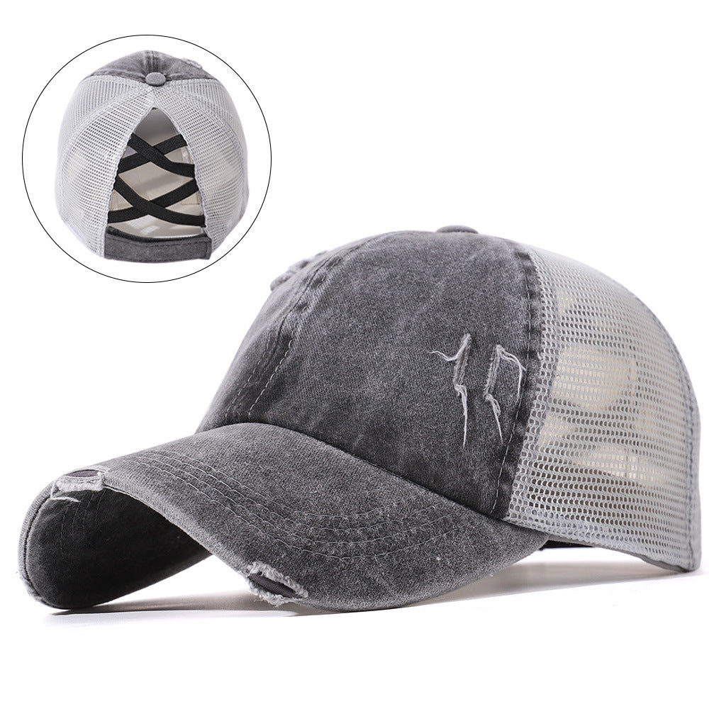 Unstructured Distressed Ponytail Criss Cross Back Baseball Trucker Hat Cap