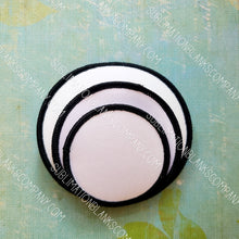 Load image into Gallery viewer, Round Hat Patch Sublimation Blank with Merrow White or Black Trim. Applique.
