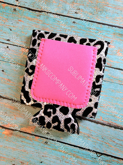 Black/Silver Leopard Sequin Neoprene Coozie with Pink Pocket Sublimation Blank! Can Cooler
