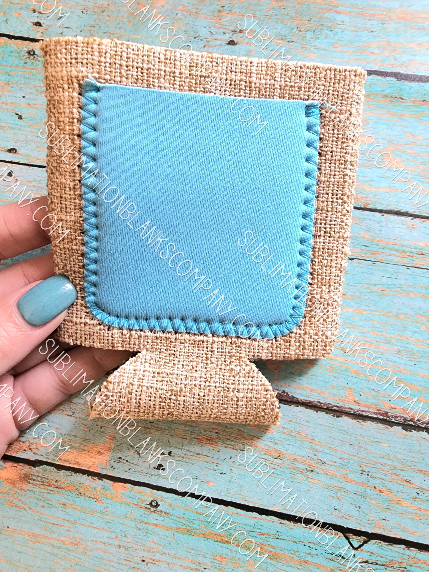 Farm Burlap Neoprene Coozie with Blue Pocket Sublimation Blank! Can Cooler