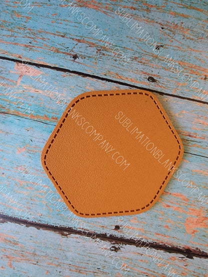 Hexagon Tan Faux Leather Hat Patch Sublimation Blank! 2.5"! PU Leather. Laserable!