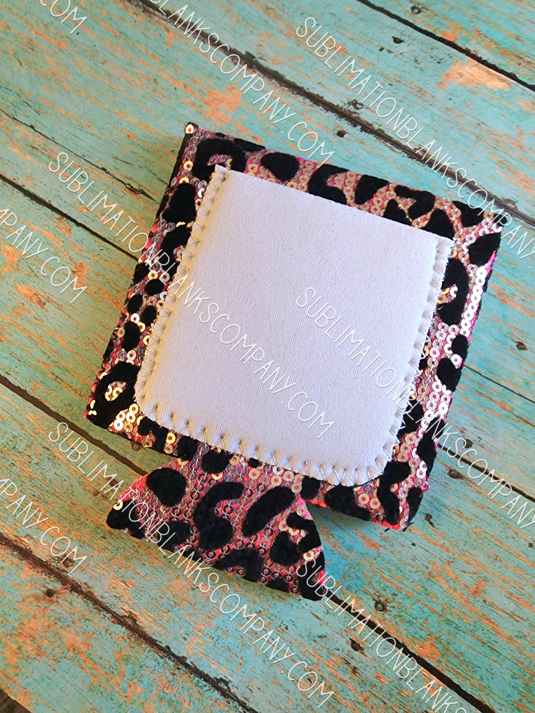 Pink & Black Leopard Sequin Neoprene Koozie with White Pocket Sublimation Blank! Can Cooler