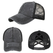 Load image into Gallery viewer, Structured Distressed Ponytail Criss Cross Back Baseball Trucker Hat Cap
