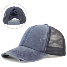 Load image into Gallery viewer, Structured Distressed Ponytail Criss Cross Back Baseball Trucker Hat Cap
