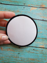 Load image into Gallery viewer, Round Hat Patch Sublimation Blank with Merrow White or Black Trim. Applique.
