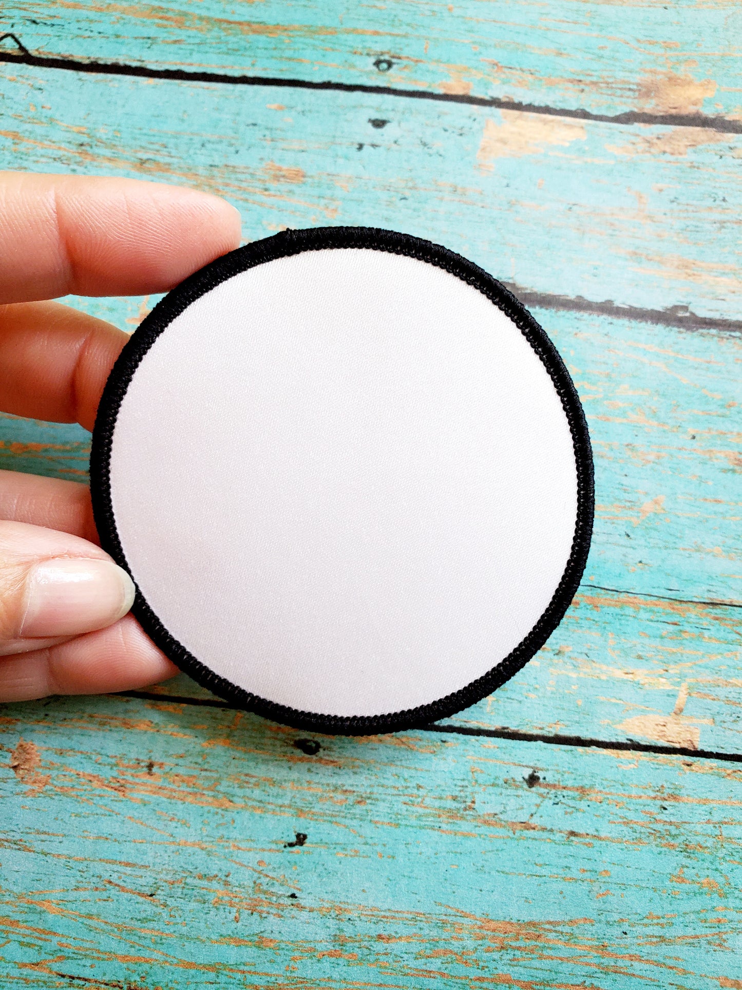 Round Hat Patch Sublimation Blank with Merrow White or Black Trim. Applique.