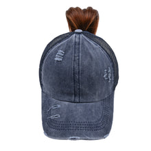 Load image into Gallery viewer, Structured Distressed Ponytail Criss Cross Back Baseball Trucker Hat Cap
