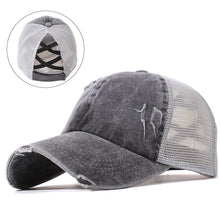 Load image into Gallery viewer, Structured Distressed Ponytail Criss Cross Back Baseball Trucker Hat Cap
