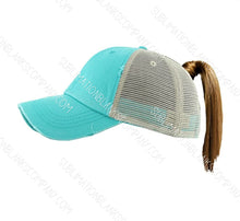 Load image into Gallery viewer, Structured Distressed Ponytail Criss Cross Back Baseball Trucker Hat Cap
